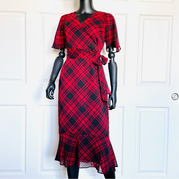 Ralph Lauren red plaid chiffon dress belted flatter short sleeve size 2 - Picture 1 of 14
